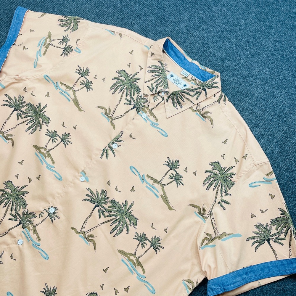 Free Planet Palm Tree Button Down Shirt‎ Tan Blue 3XL Tropical Beach Boho Summer